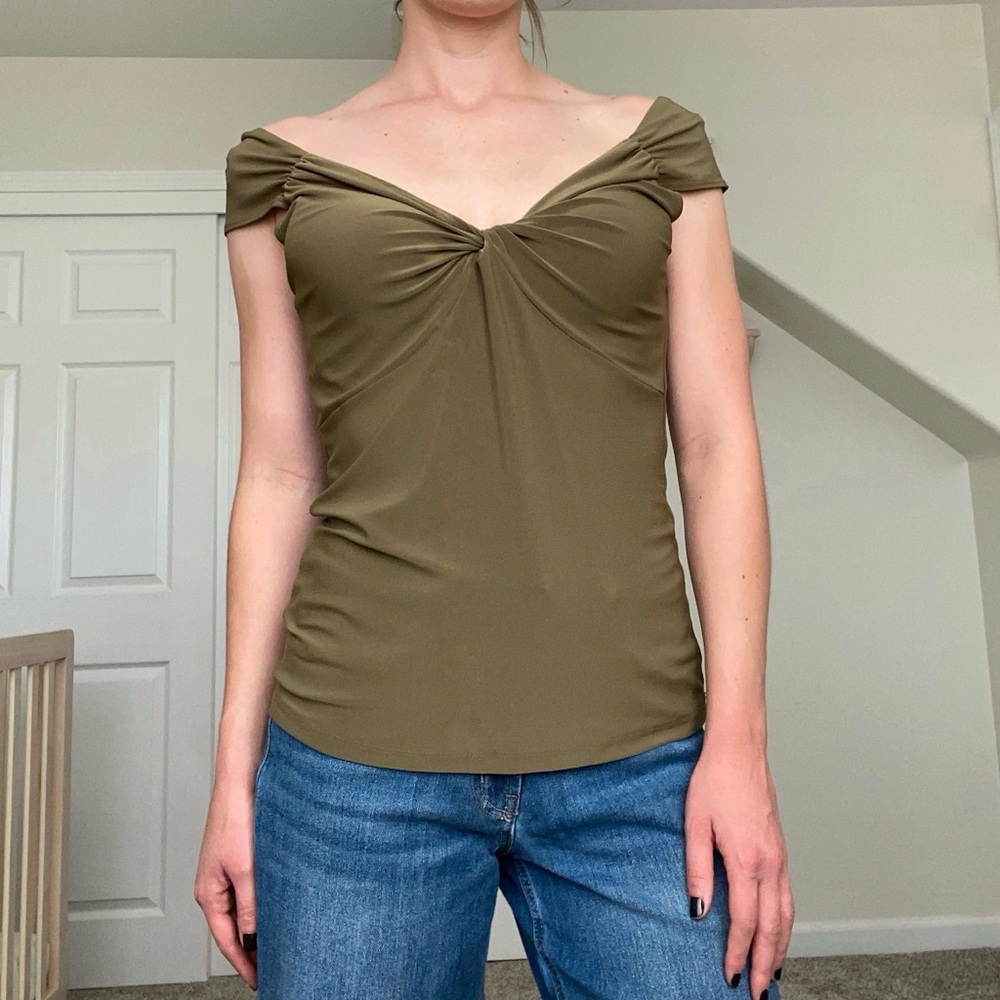 Susan Lawrence olive green twist top
